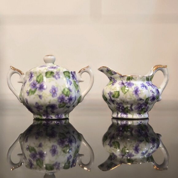 Vintage Lefton Violet Chintz mini Sugar & Creamer Set  Purple Floral Fine China - Picture 1 of 11